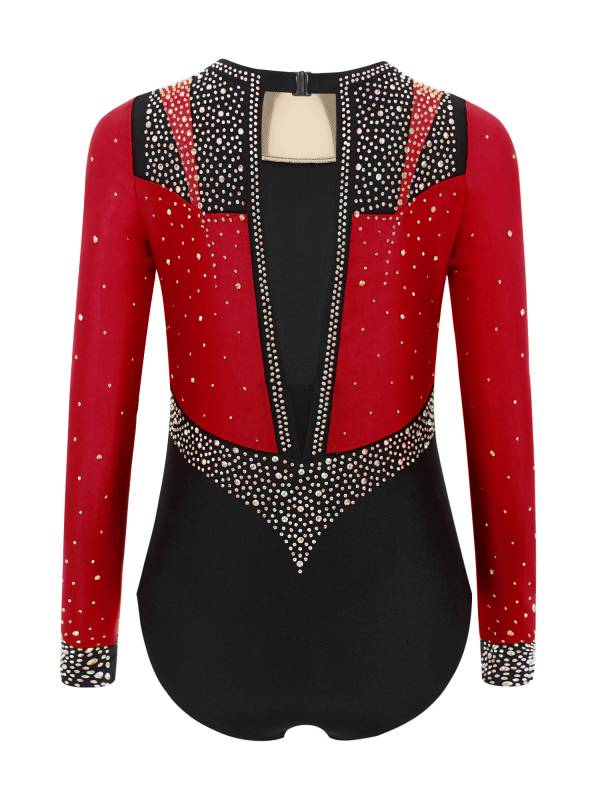 Girls Long Sleeve Gymnastics Leotard Rhinestone Color Block Ice Skating Bodysuit thumb