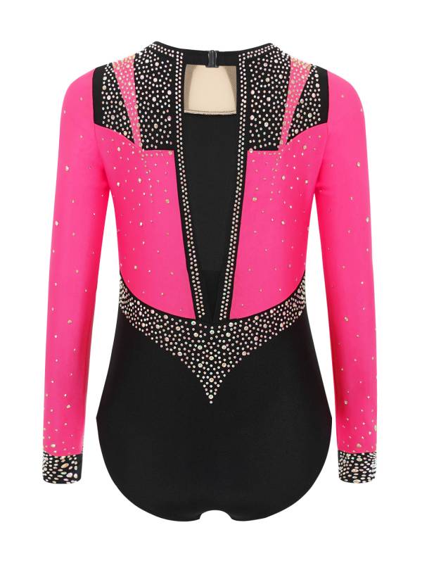 Girls Long Sleeve Gymnastics Leotard Rhinestone Color Block Ice Skating Bodysuit thumb