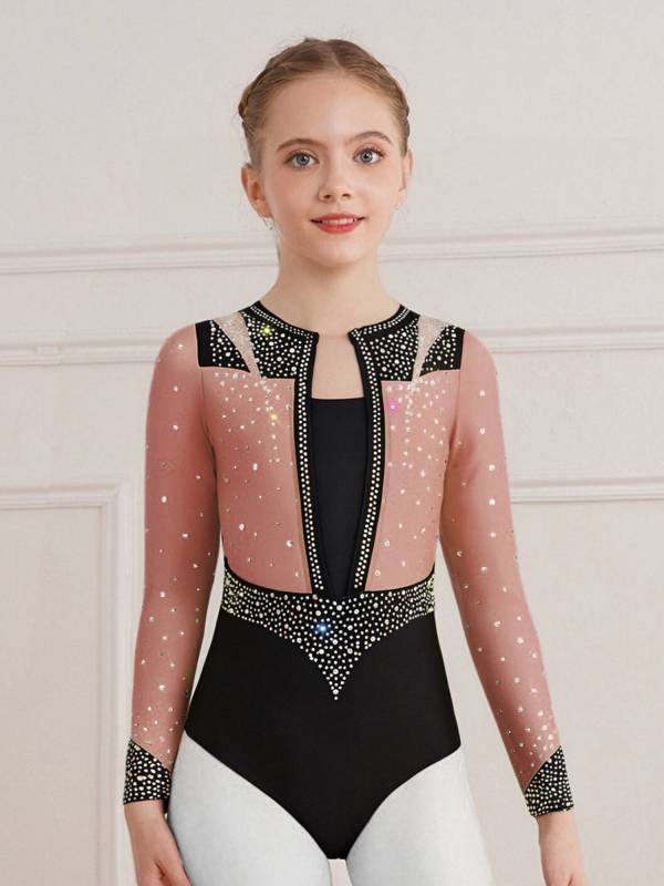 Girls Long Sleeve Gymnastics Leotard Rhinestone Color Block Ice Skating Bodysuit thumb
