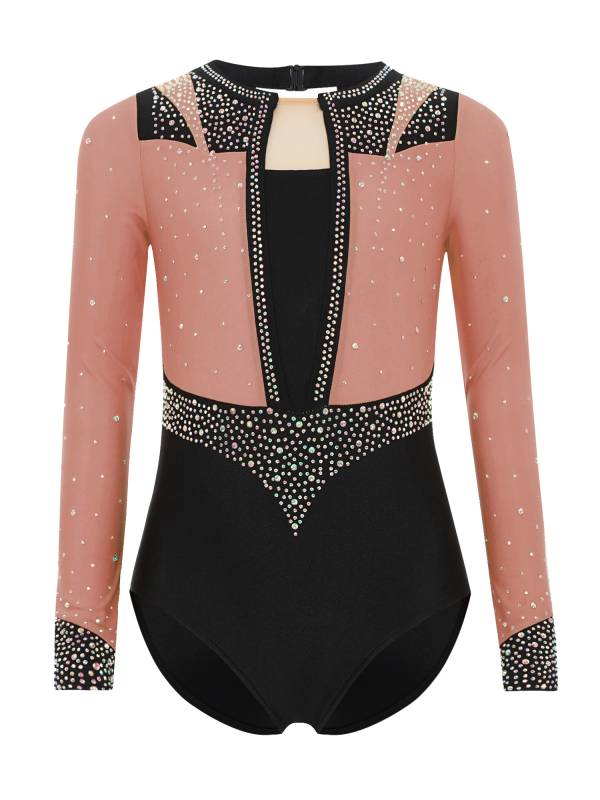 Girls Long Sleeve Gymnastics Leotard Rhinestone Color Block Ice Skating Bodysuit thumb
