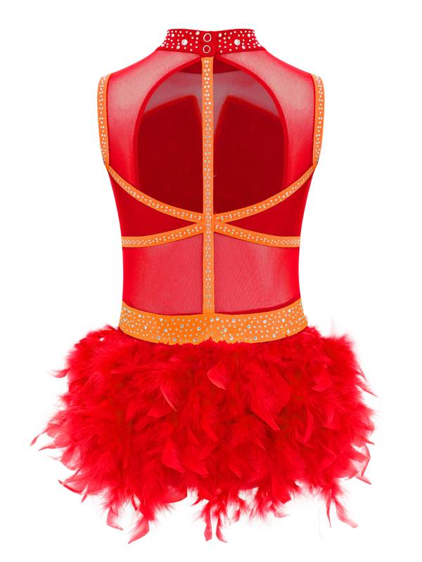 Girls Sleeveless Rhinestone Jazz Dance Leotard Feather Latin Costume Dress thumb