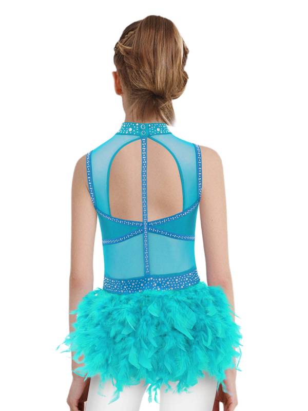 Girls Sleeveless Rhinestone Jazz Dance Leotard Feather Latin Costume Dress thumb