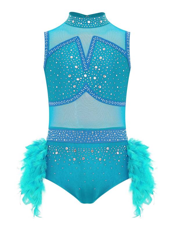 Girls Sleeveless Rhinestone Jazz Dance Leotard Feather Latin Costume Dress thumb