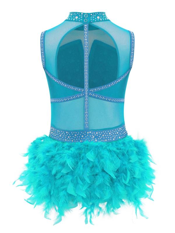 Girls Sleeveless Rhinestone Jazz Dance Leotard Feather Latin Costume Dress thumb