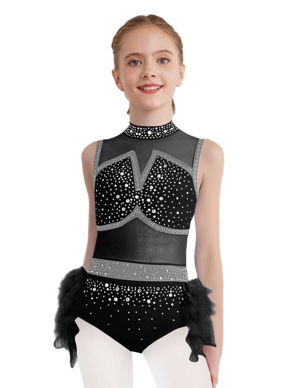 Girls Sleeveless Rhinestone Jazz Dance Leotard Feather Latin Costume Dress thumb
