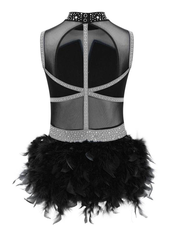 Girls Sleeveless Rhinestone Jazz Dance Leotard Feather Latin Costume Dress thumb