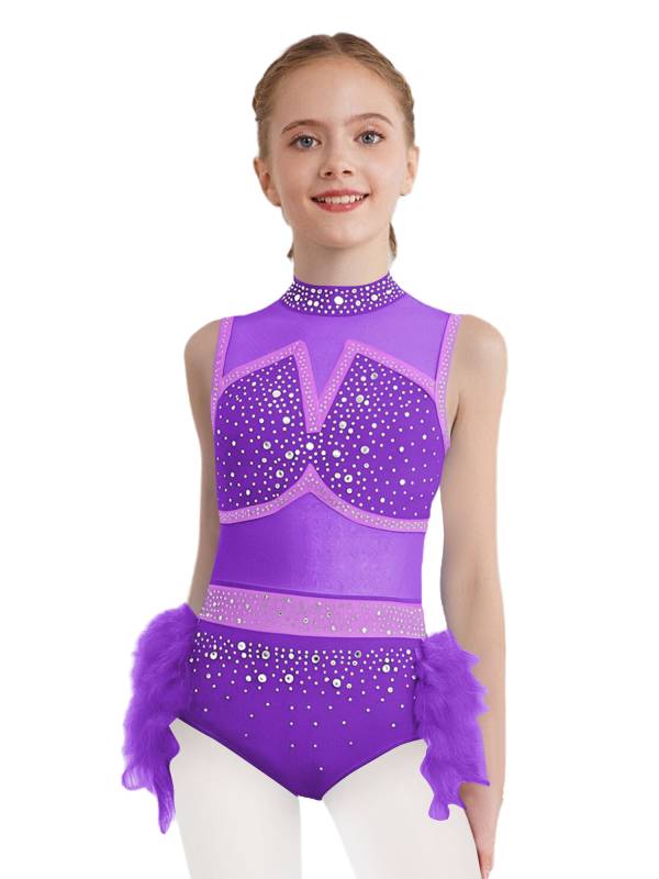Girls Sleeveless Rhinestone Jazz Dance Leotard Feather Latin Costume Dress thumb