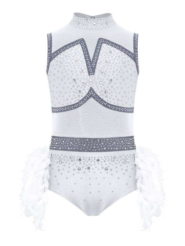 Girls Sleeveless Rhinestone Jazz Dance Leotard Feather Latin Costume Dress thumb