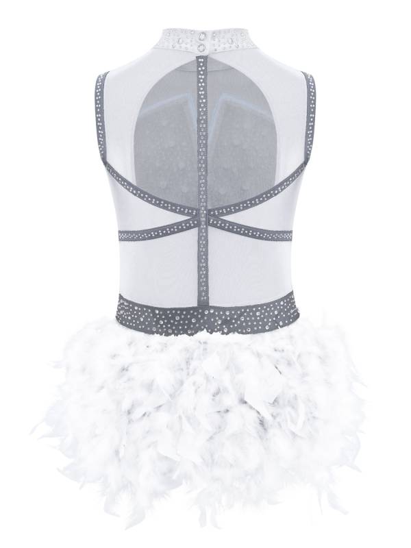 Girls Sleeveless Rhinestone Jazz Dance Leotard Feather Latin Costume Dress thumb