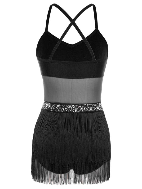 Womens Rhinestone Sleeveless Tassel Latin Tango Dance Leotard Dress thumb