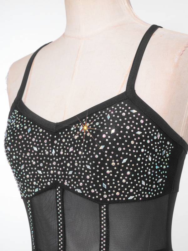 Womens Rhinestone Sleeveless Tassel Latin Tango Dance Leotard Dress thumb