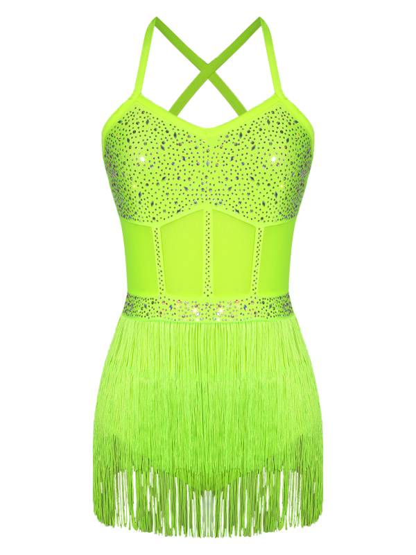 Womens Rhinestone Sleeveless Tassel Latin Tango Dance Leotard Dress thumb