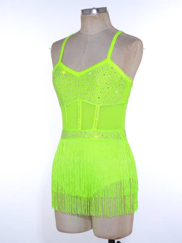 Womens Rhinestone Sleeveless Tassel Latin Tango Dance Leotard Dress thumb