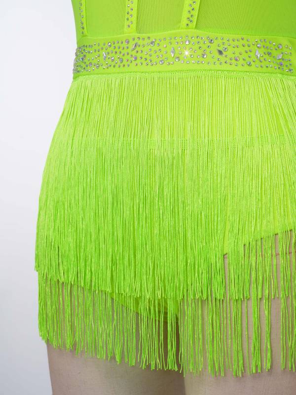 Womens Rhinestone Sleeveless Tassel Latin Tango Dance Leotard Dress thumb