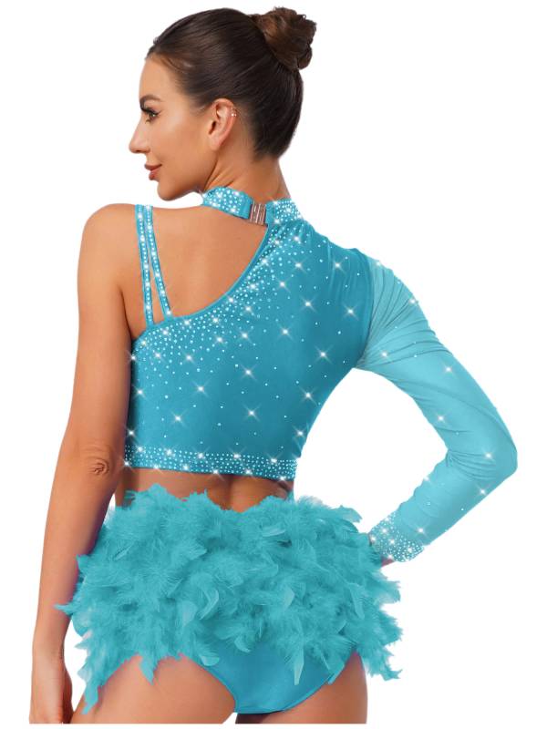 Womens Sparkle Feather Latin Dance OUtfit for Belly Dance, Cha-Cha & Tango thumb
