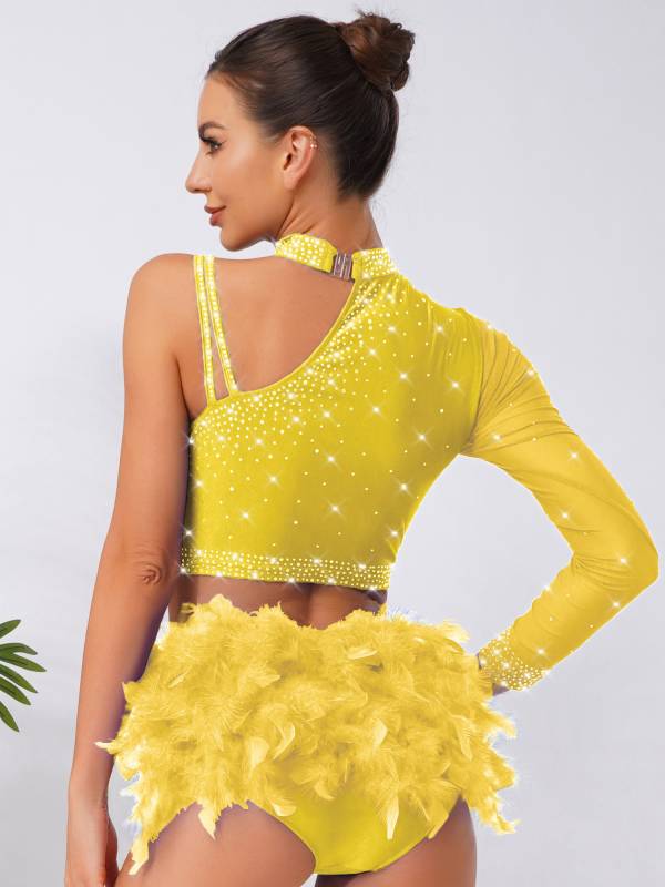 Womens Sparkle Feather Latin Dance OUtfit for Belly Dance, Cha-Cha & Tango thumb