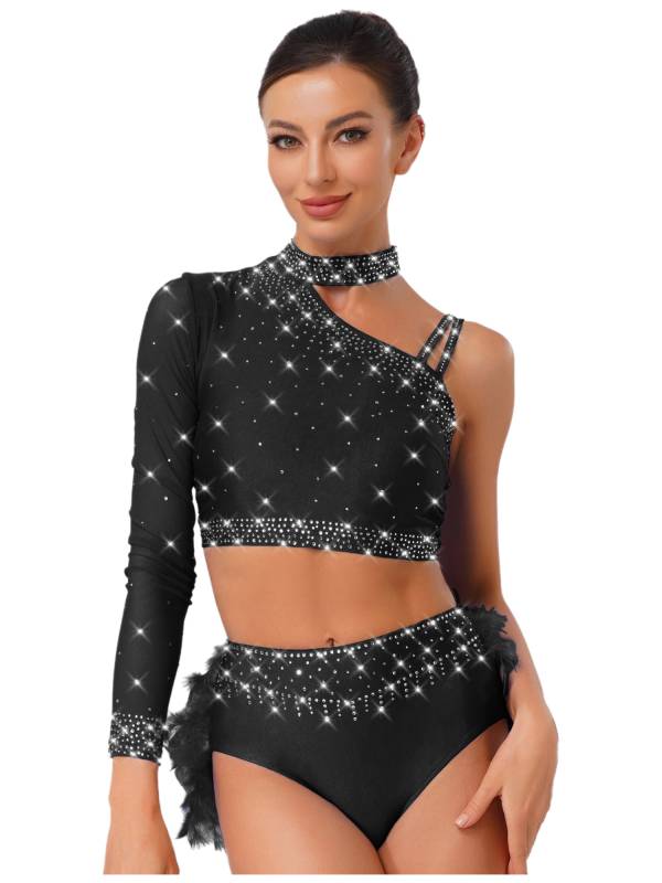 Womens Sparkle Feather Latin Dance OUtfit for Belly Dance, Cha-Cha & Tango thumb