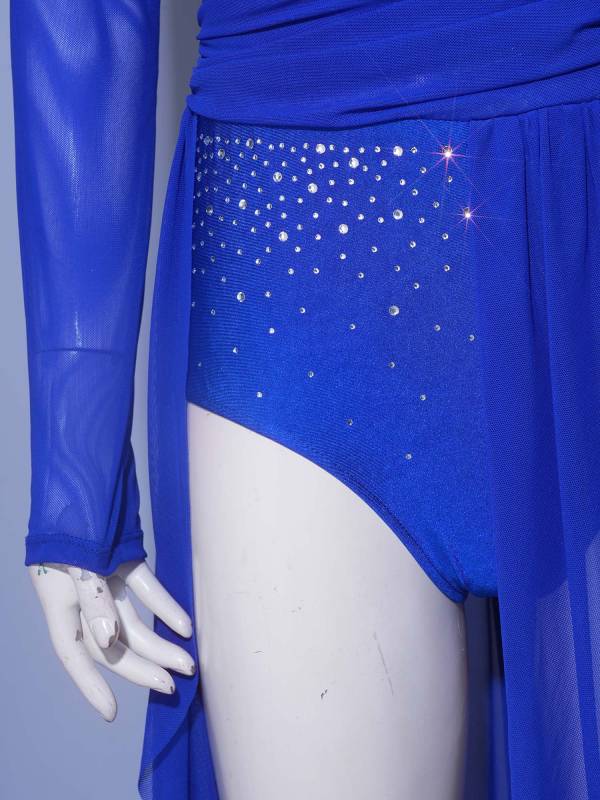 Women Rhinestone Long Sleeve Lyrical Dance Dress Side Slit Modern Dance Costume thumb