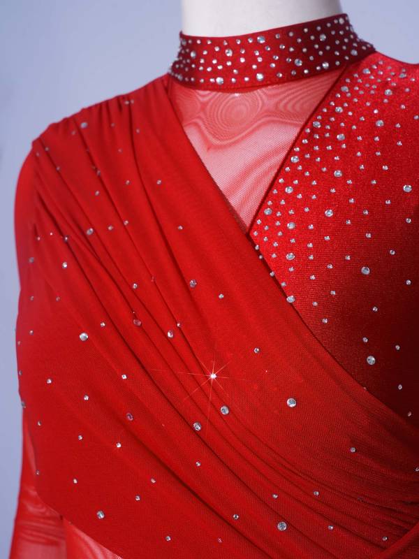 Women Rhinestone Long Sleeve Lyrical Dance Dress Side Slit Modern Dance Costume thumb