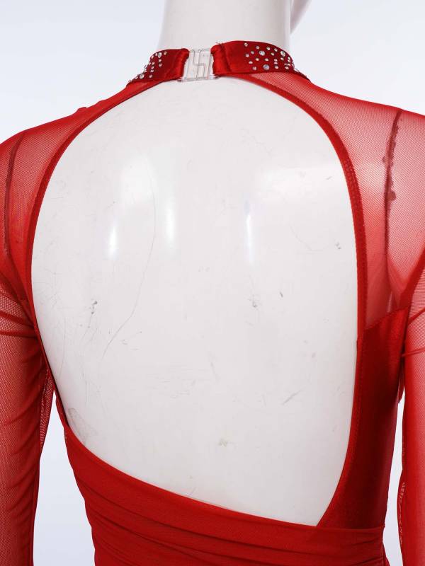 Women Rhinestone Long Sleeve Lyrical Dance Dress Side Slit Modern Dance Costume thumb
