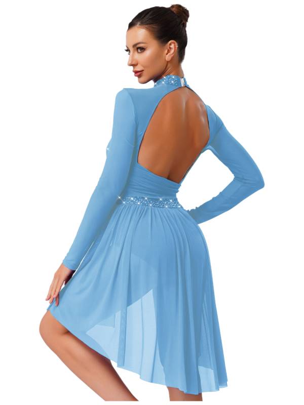 Women Rhinestone Long Sleeve Lyrical Dance Dress Side Slit Modern Dance Costume thumb