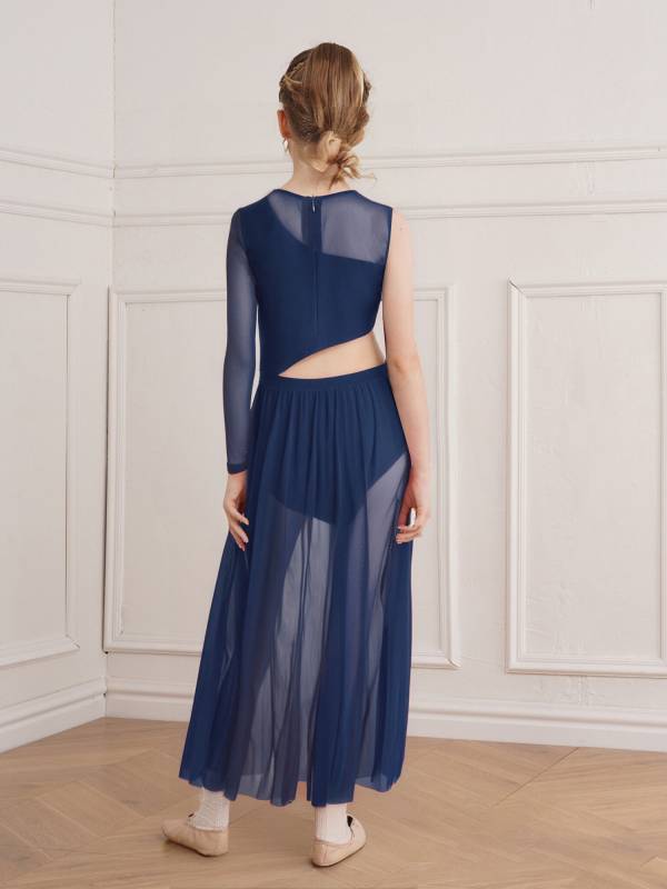 Girls One-Sleeve Asymmetrical Lyrical Dress Side Cutout Contemporary Dance Dress thumb