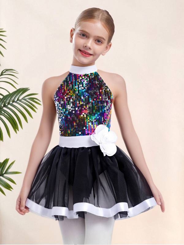 Girls Sequin Ballet Tutu Dress Sleeveless Tulle Dance Dress with Built-in Briefs thumb