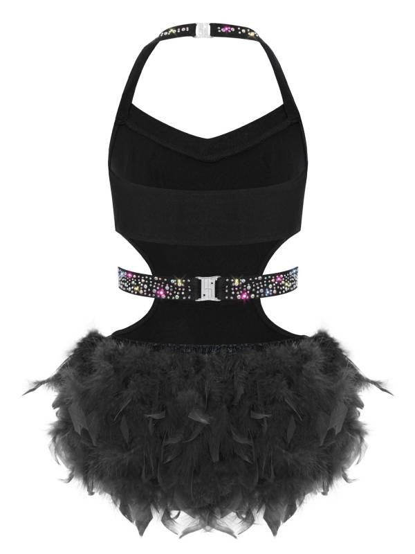 Girls Sleeveless Feather Rhinestone Latin Dance Dress Jazz Dance Leotard thumb