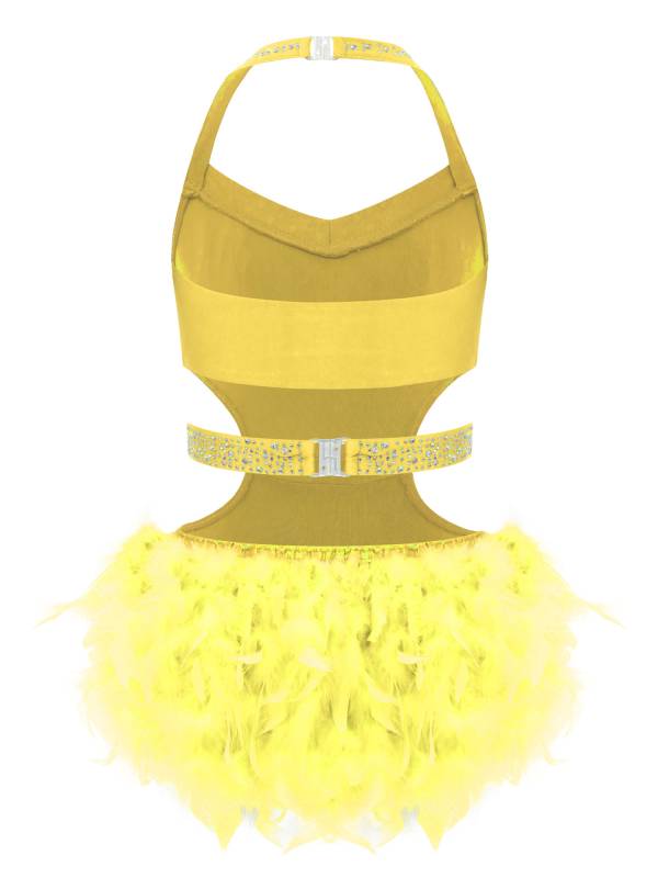 Girls Sleeveless Feather Rhinestone Latin Dance Dress Jazz Dance Leotard thumb