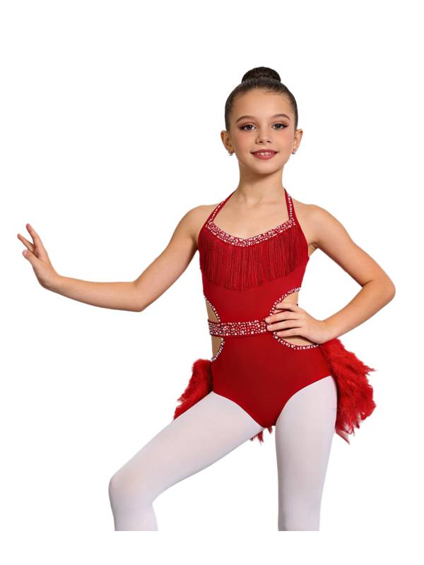 Girls Sleeveless Feather Rhinestone Latin Dance Dress Jazz Dance Leotard thumb