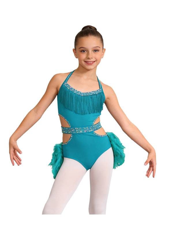 Girls Sleeveless Feather Rhinestone Latin Dance Dress Jazz Dance Leotard thumb