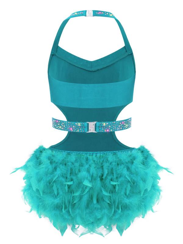Girls Sleeveless Feather Rhinestone Latin Dance Dress Jazz Dance Leotard thumb