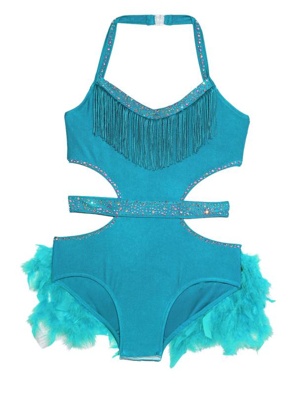Girls Sleeveless Feather Rhinestone Latin Dance Dress Jazz Dance Leotard thumb