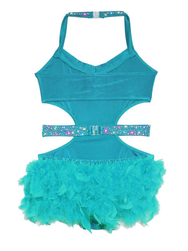Girls Sleeveless Feather Rhinestone Latin Dance Dress Jazz Dance Leotard thumb