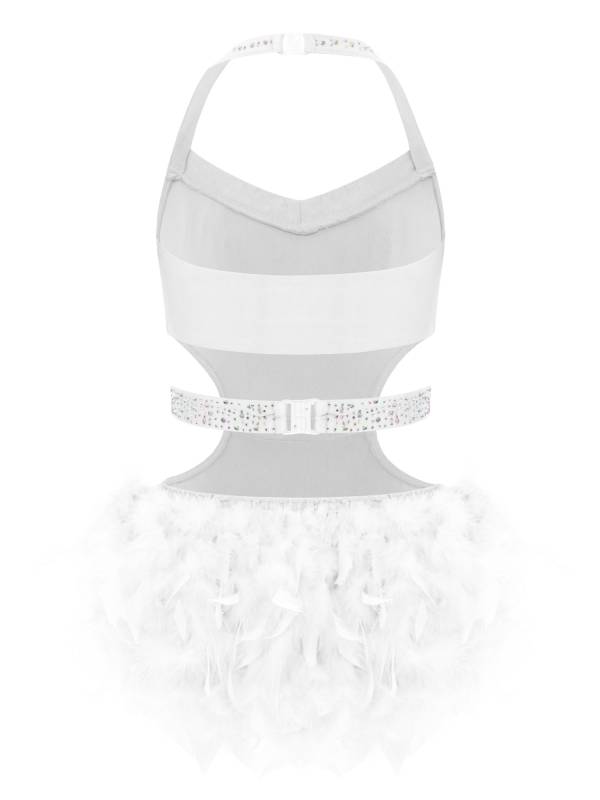 Girls Sleeveless Feather Rhinestone Latin Dance Dress Jazz Dance Leotard thumb