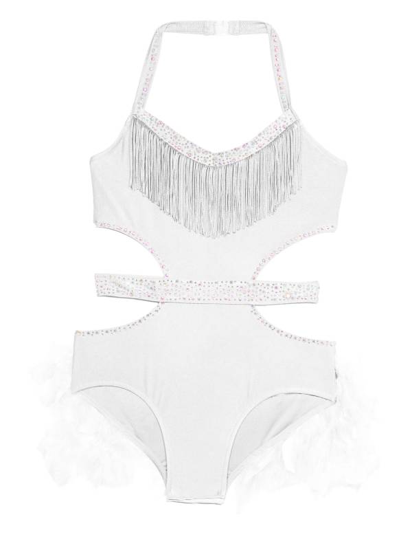 Girls Sleeveless Feather Rhinestone Latin Dance Dress Jazz Dance Leotard thumb