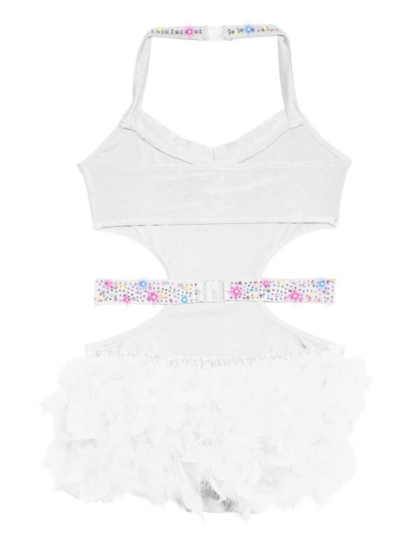 Girls Sleeveless Feather Rhinestone Latin Dance Dress Jazz Dance Leotard thumb