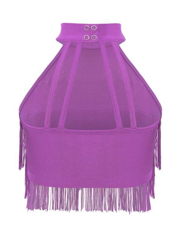 Girls Sleeveless Tiered Tassels Latin Salsa Dance Crop Top thumb