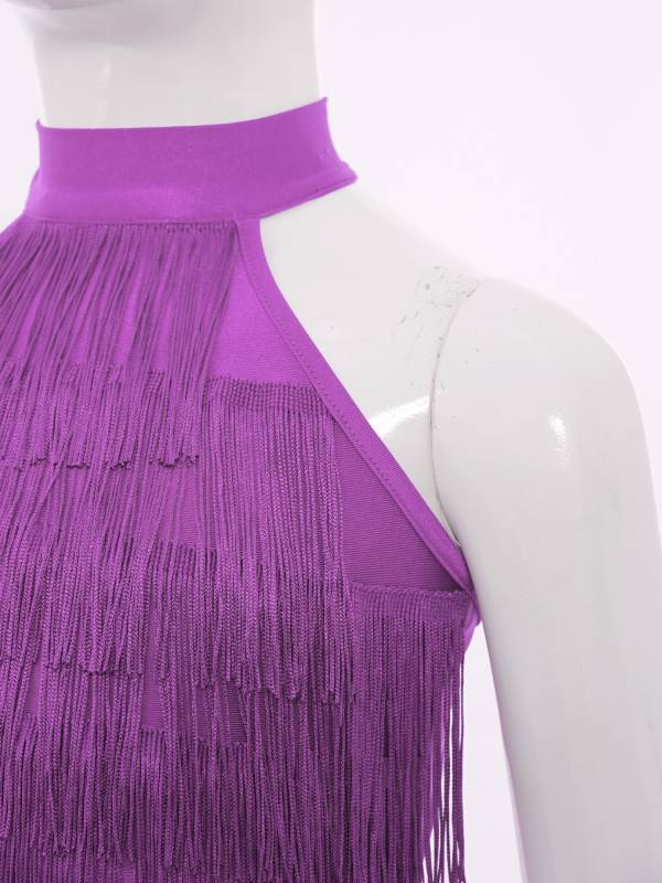 Girls Sleeveless Tiered Tassels Latin Salsa Dance Crop Top thumb