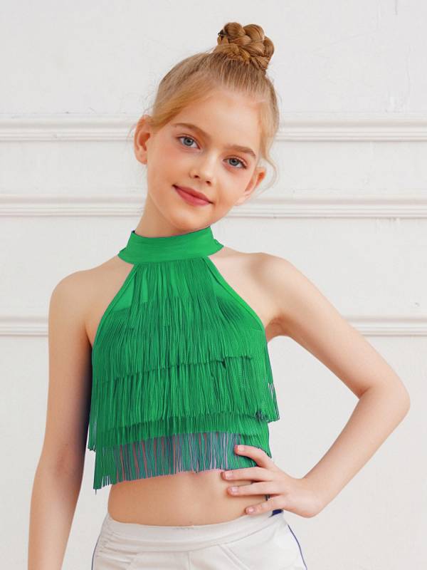 Girls Sleeveless Tiered Tassels Latin Salsa Dance Crop Top thumb