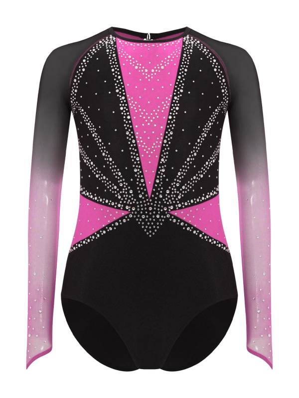 Girls Rhinestone Long Sleeve Gymnastics Leotard Figure Skating Bodysuit thumb