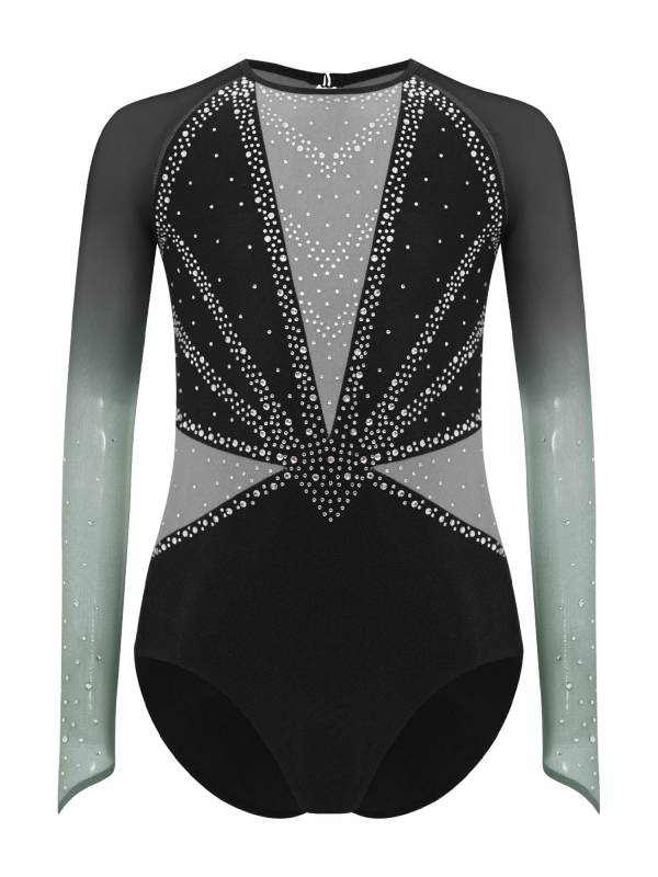 Girls Rhinestone Long Sleeve Gymnastics Leotard Figure Skating Bodysuit thumb