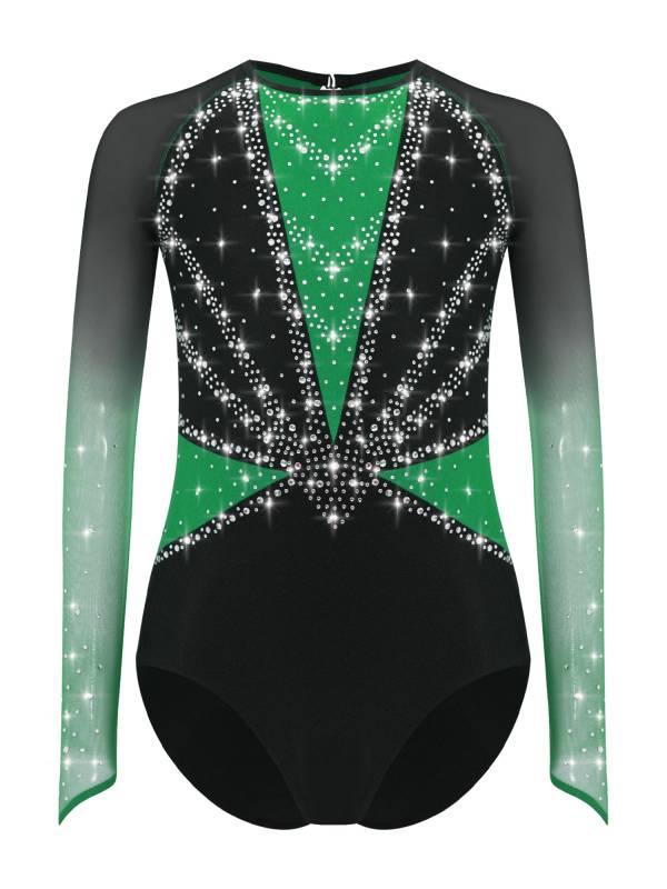 Girls Rhinestone Long Sleeve Gymnastics Leotard Figure Skating Bodysuit thumb
