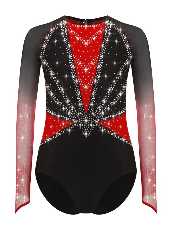Girls Rhinestone Long Sleeve Gymnastics Leotard Figure Skating Bodysuit thumb