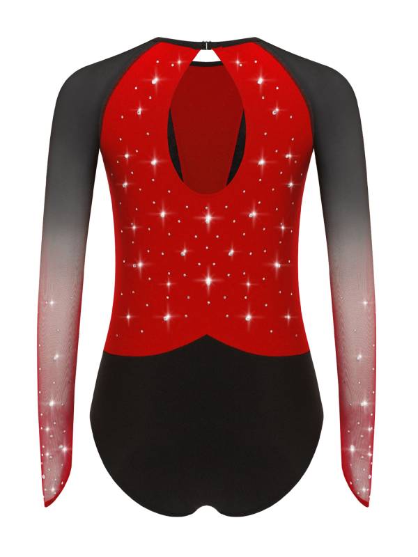 Girls Rhinestone Long Sleeve Gymnastics Leotard Figure Skating Bodysuit thumb