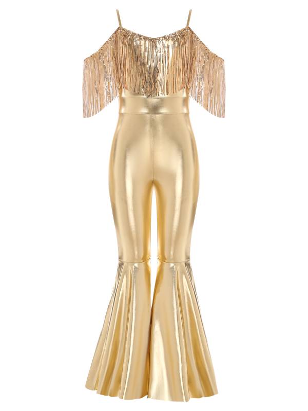 Girls Sequin Party Jumpsuit Spaghetti Strap High Waist Flared Leg Prom Costume thumb