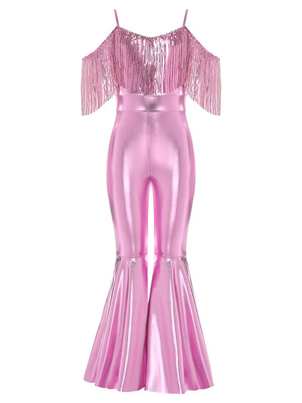 Girls Sequin Party Jumpsuit Spaghetti Strap High Waist Flared Leg Prom Costume thumb