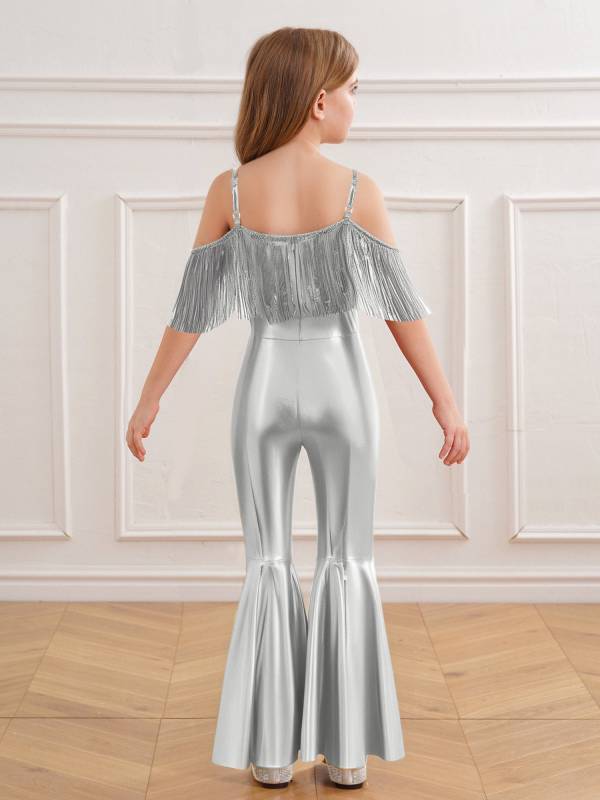 Girls Sequin Party Jumpsuit Spaghetti Strap High Waist Flared Leg Prom Costume thumb