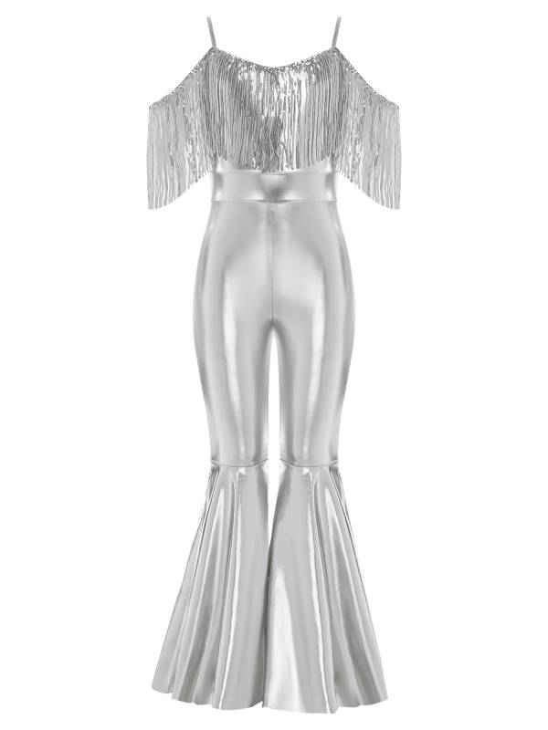 Girls Sequin Party Jumpsuit Spaghetti Strap High Waist Flared Leg Prom Costume thumb