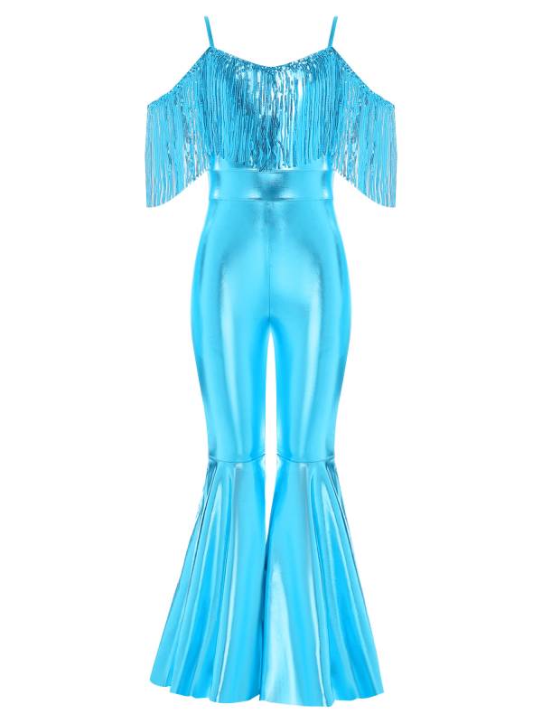 Girls Sequin Party Jumpsuit Spaghetti Strap High Waist Flared Leg Prom Costume thumb